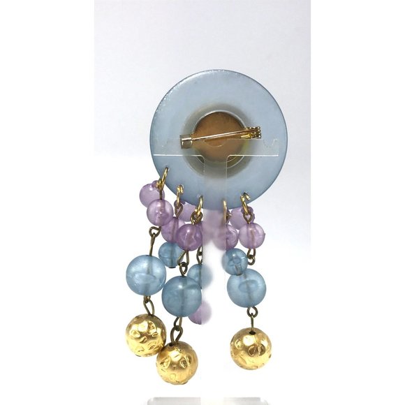 1980s Gold Tone and Frosted Lucite Dangle Brooch Pin Purple Navy - Picture 3 of 3